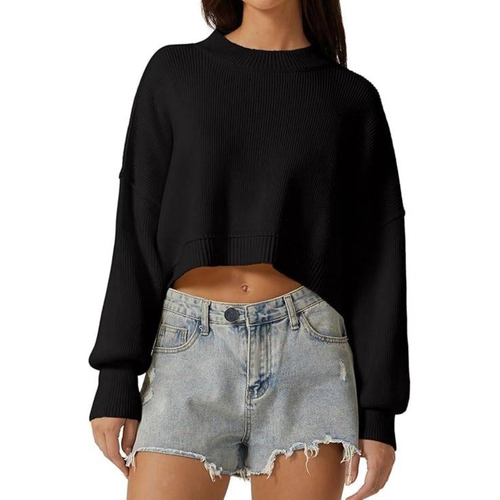 Qinsen Black Ribbed Knit Cropped Oversized Drop Shoulder Sweater Crew Neck Small